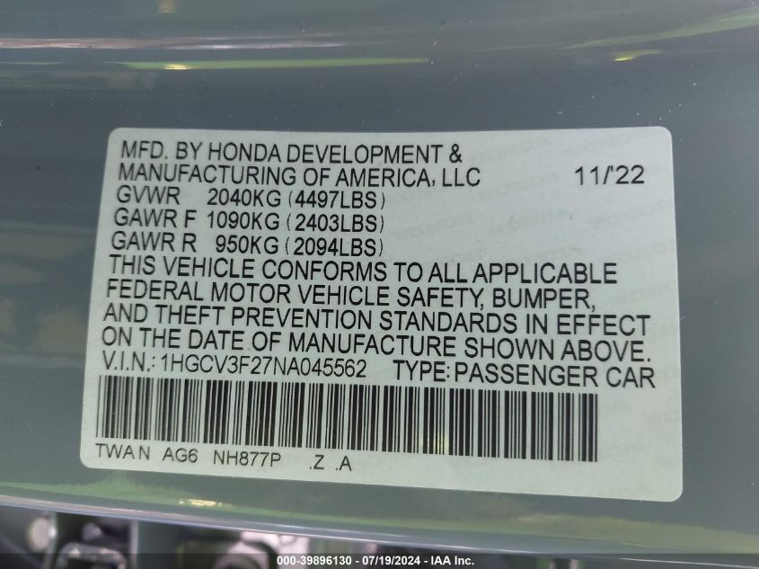 2022 Honda Accord Hybrid Sport VIN: 1HGCV3F27NA045562 Lot: 39896130