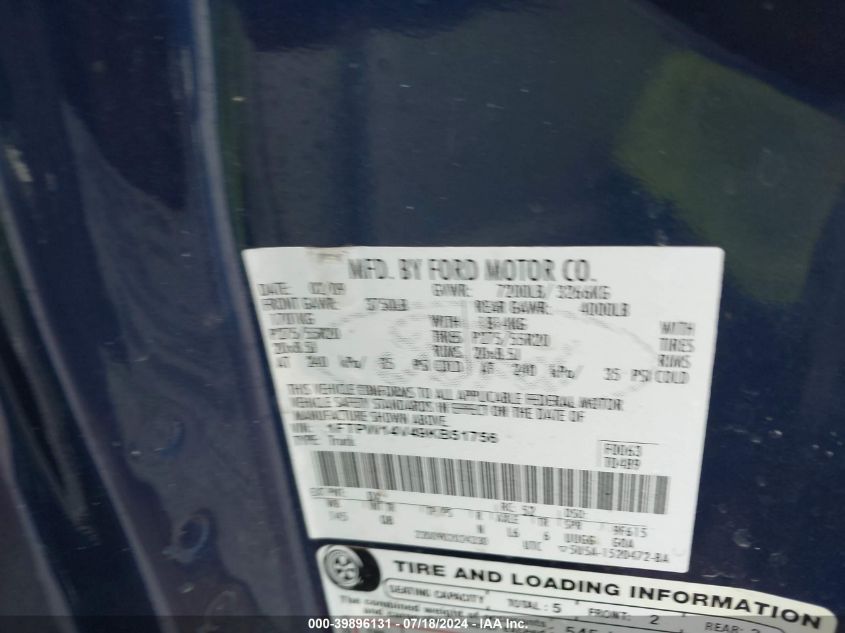 2009 Ford F-150 Fx4/Lariat/Xl/Xlt VIN: 1FTPW14V49KB51756 Lot: 39896131