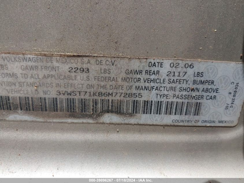 2006 Volkswagen Jetta Tdi VIN: 3VWST71K86M772855 Lot: 39896267