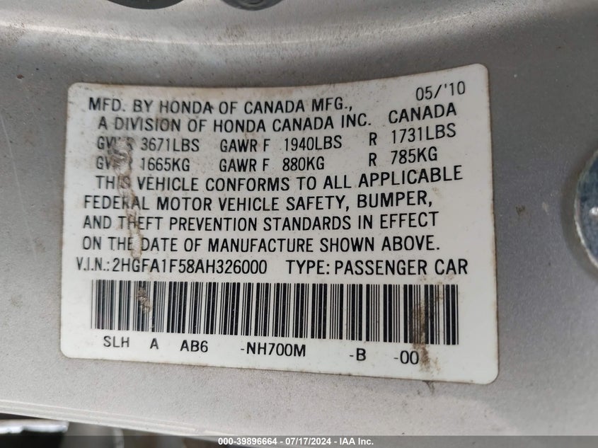 2010 Honda Civic Lx VIN: 2HGFA1F58AH326000 Lot: 39896664