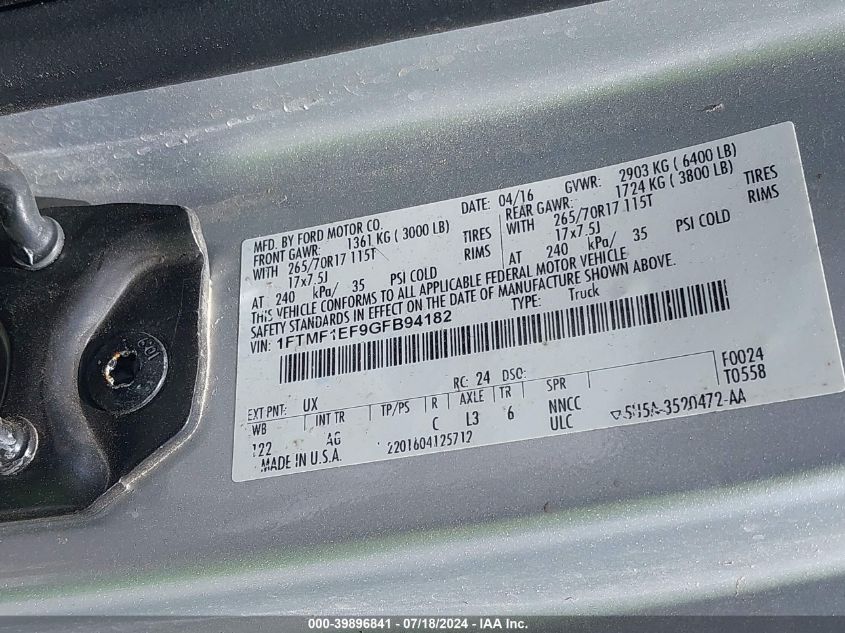 2016 Ford F-150 Xl VIN: 1FTMF1EF9GFB94182 Lot: 39896841