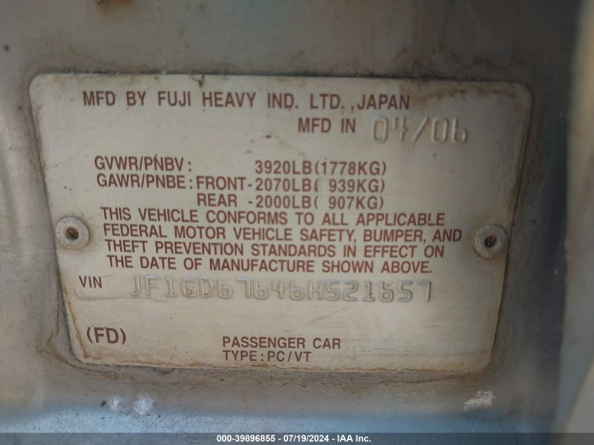 2006 Subaru Impreza 2.5I VIN: JF1GD67646H521657 Lot: 39896855