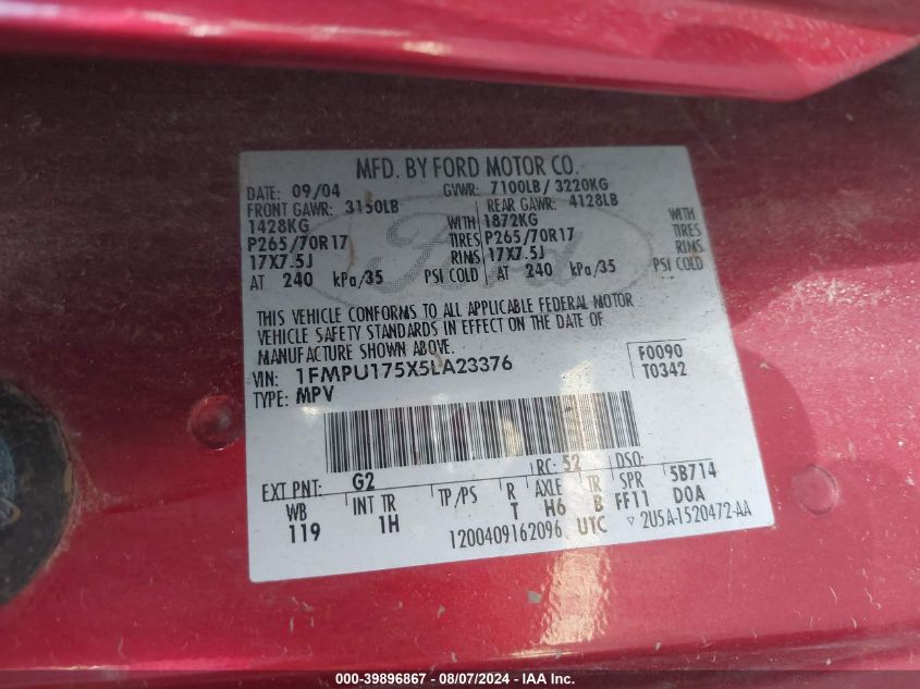 2005 Ford Expedition Eddie Bauer/King Ranch VIN: 1FMPU175X5LA23376 Lot: 39896867