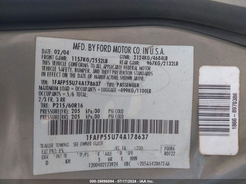 2004 Ford Taurus Ses VIN: 1FAFP55U74A178637 Lot: 39896894