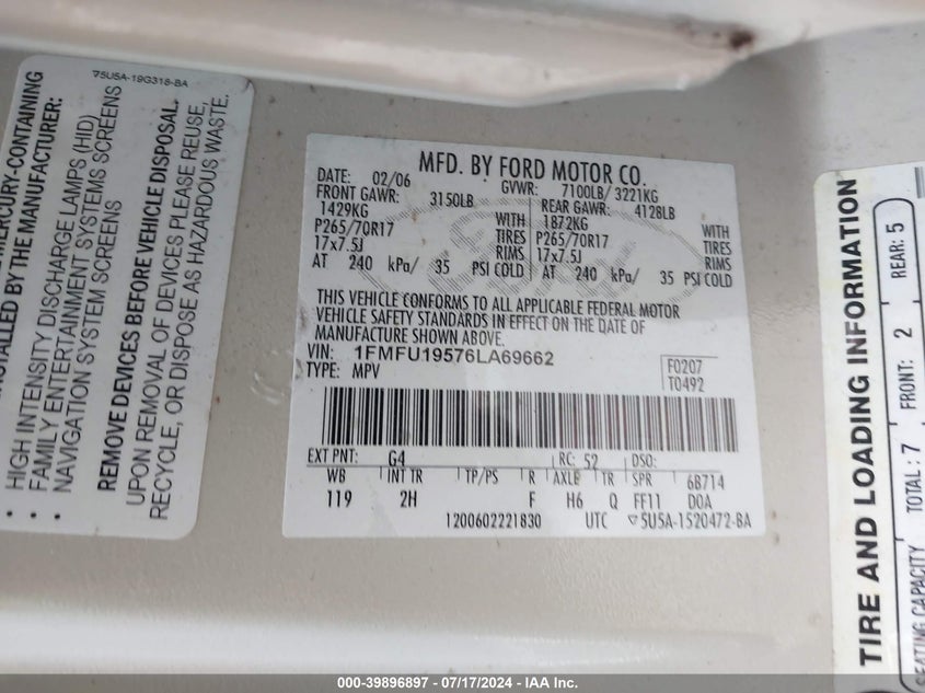 2006 Ford Expedition Limited VIN: 1FMFU19576LA69662 Lot: 39896897