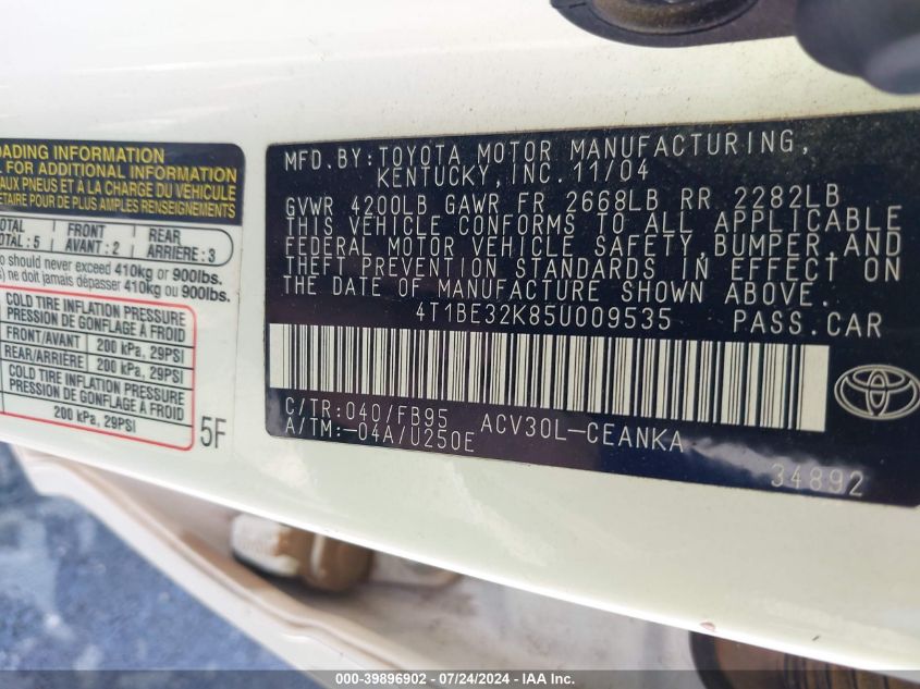 2005 Toyota Camry Le VIN: 4T1BE32K85U009535 Lot: 39896902
