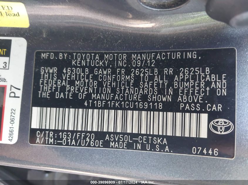 2012 Toyota Camry Se VIN: 4T1BF1FK1CU169118 Lot: 39896909