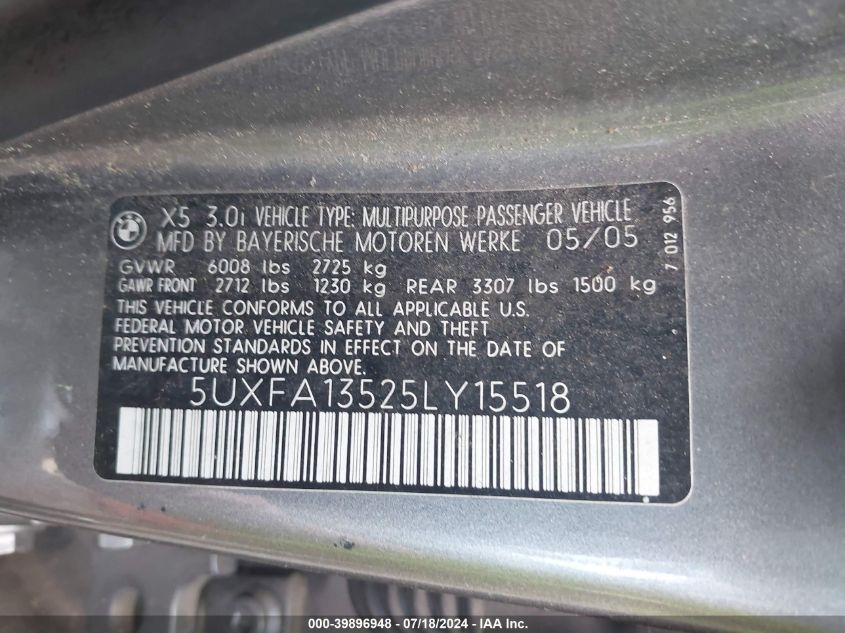 2005 BMW X5 3.0I VIN: 5UXFA13525LY15518 Lot: 39896948