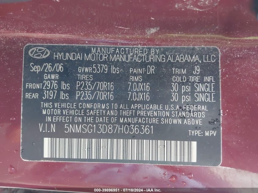 2007 Hyundai Santa Fe Gls VIN: 5NMSG13D87H036361 Lot: 39896951