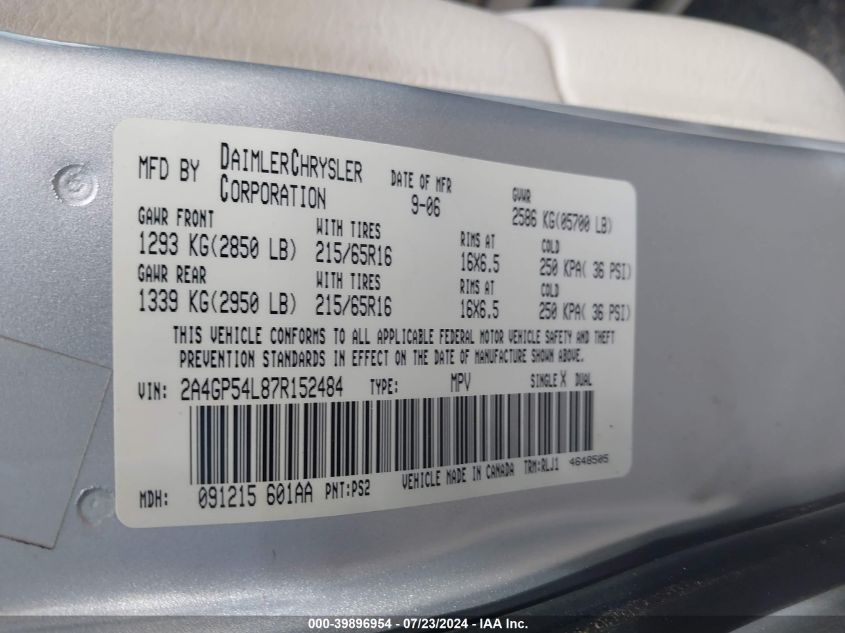 2007 Chrysler Town & Country Touring VIN: 2A4GP54L87R152484 Lot: 39896954