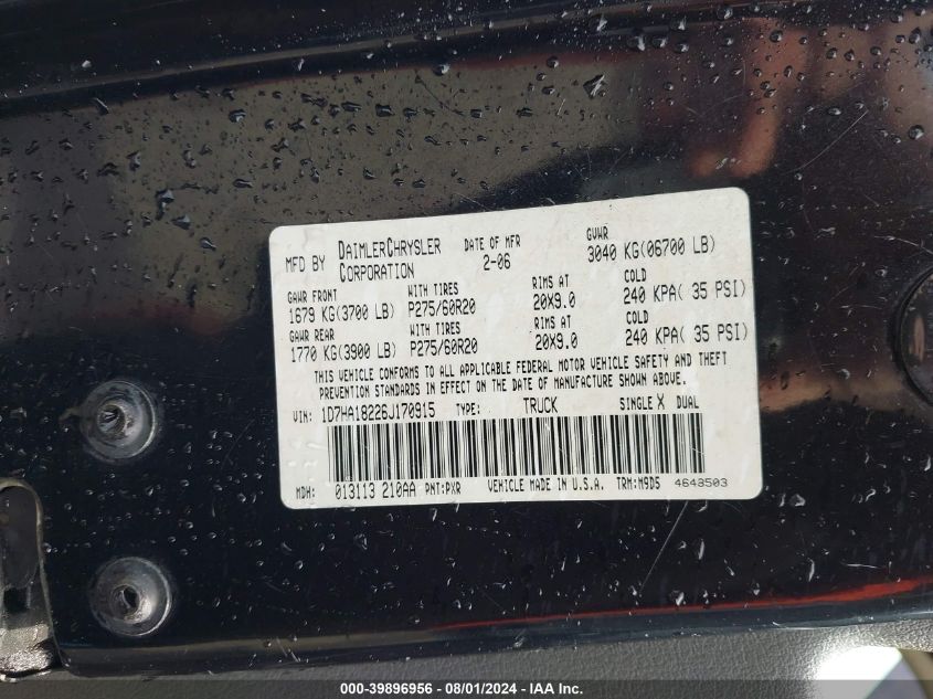 2006 Dodge Ram 1500 Slt VIN: 1D7HA18226J170915 Lot: 39896956