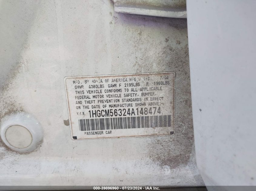 2004 Honda Accord 2.4 Lx VIN: 1HGCM56324A148474 Lot: 39896960