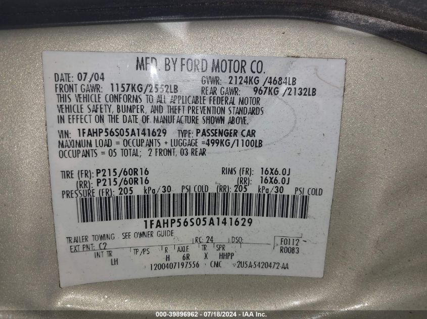 2005 Ford Taurus Sel VIN: 1FAHP56S05A141629 Lot: 39896962