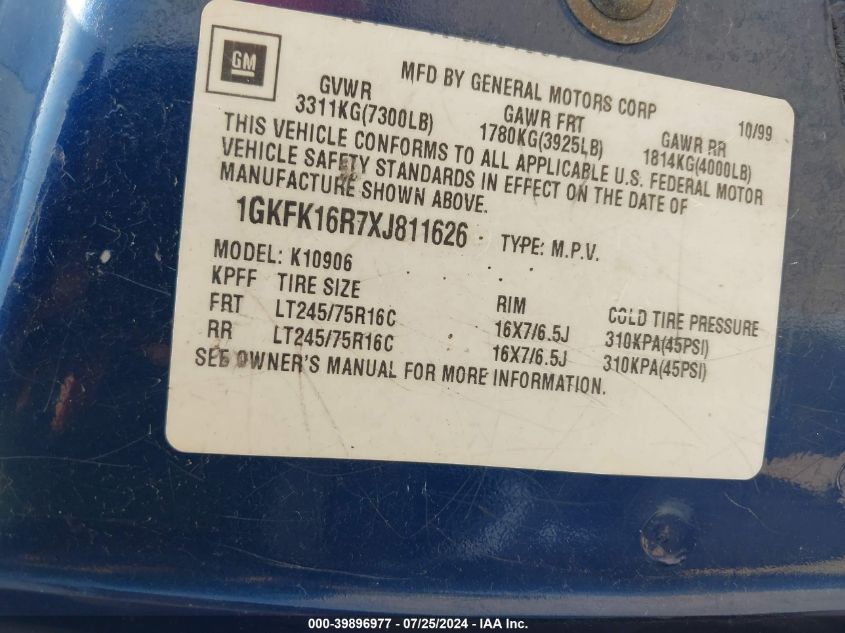 1999 GMC Suburban 1500 Sl VIN: 1GKFK16R7XJ811626 Lot: 39896977