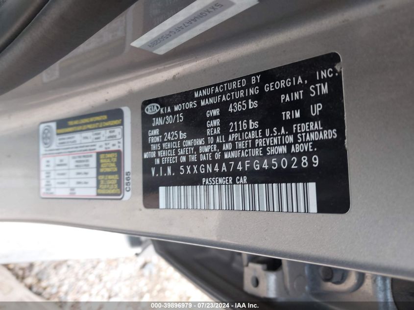 2015 Kia Optima Ex VIN: 5XXGN4A74FG450289 Lot: 39896979