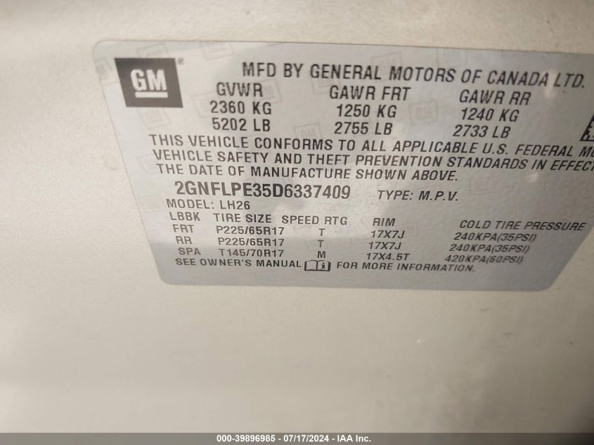 2013 Chevrolet Equinox 2Lt VIN: 2GNFLPE35D6337409 Lot: 39896985