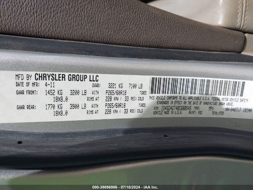 2011 Dodge Durango Crew VIN: 1D4SD4GT4BC688545 Lot: 39896986