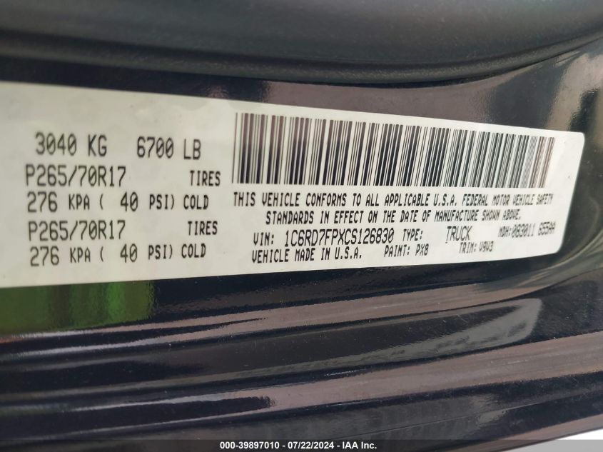 2012 Ram 1500 St VIN: 1C6RD7FPXCS126830 Lot: 39897010