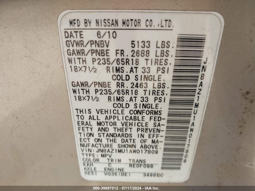 2010 Nissan Murano Sl VIN: JN8AZ1MU1AW017809 Lot: 39897012