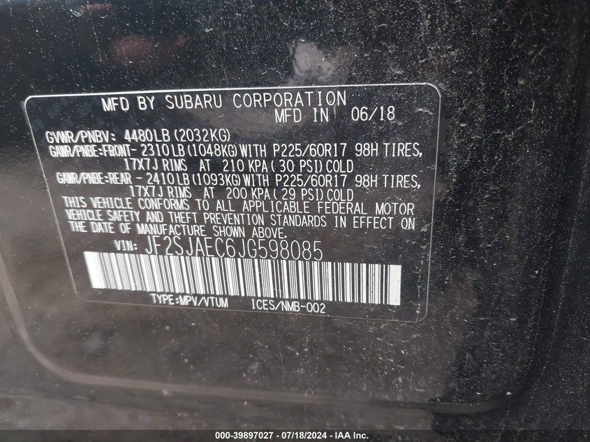 2018 Subaru Forester 2.5I Premium VIN: JF2SJAEC6JG598085 Lot: 39897027
