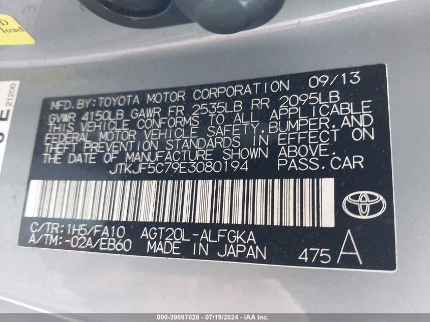 2014 Scion Tc VIN: JTKJF5C79E3080194 Lot: 39897028