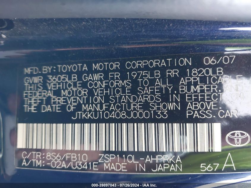 2008 Scion Xd VIN: JTKKU10408J000133 Lot: 39897043