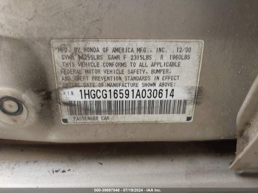2001 Honda Accord 3.0 Ex VIN: 1HGCG16591A030614 Lot: 39897048