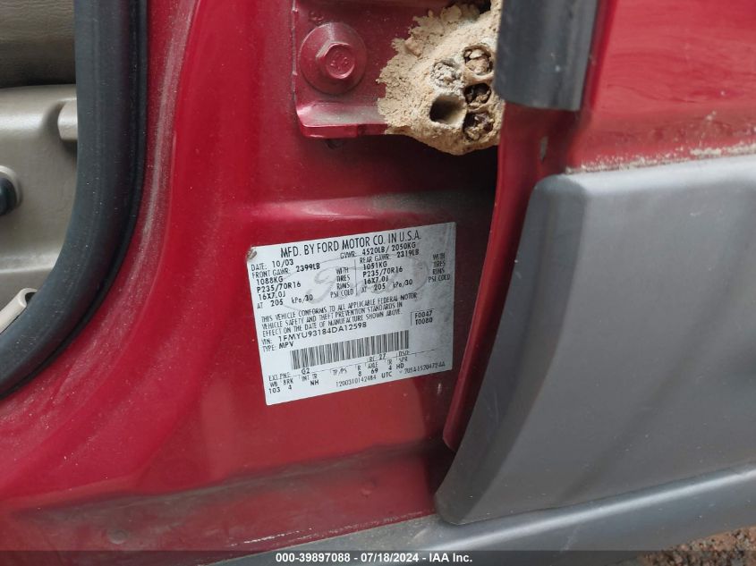 2004 Ford Escape Xlt VIN: 1FMYU93184DA12598 Lot: 39897088