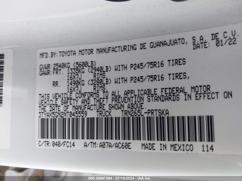 2022 Toyota Tacoma Sr5 VIN: 3TYAX5GN2NT045559 Lot: 39897094