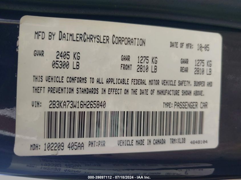 2006 Dodge Charger Srt8 VIN: 2B3KA73W16H265840 Lot: 39897112