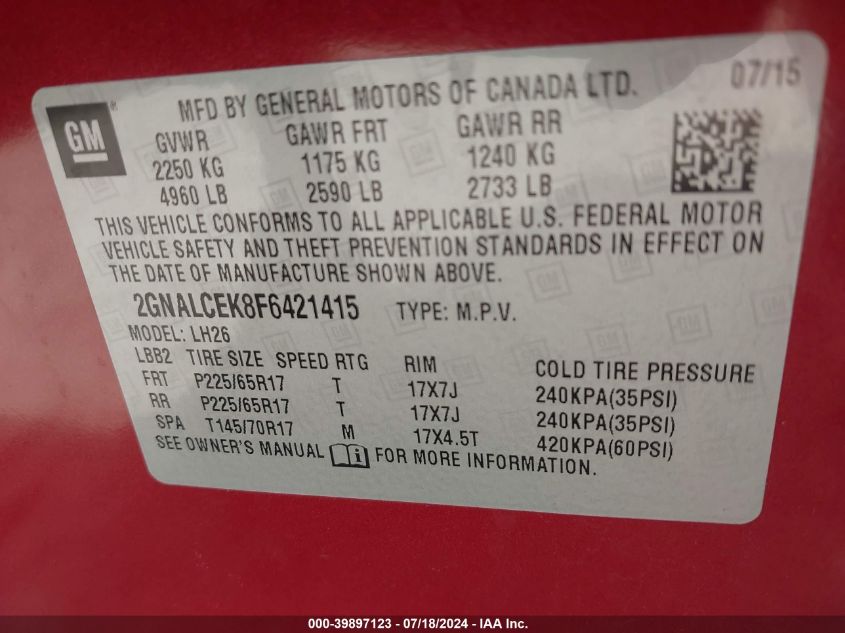 2015 Chevrolet Equinox Lt VIN: 2GNALCEK8F6421415 Lot: 39897123