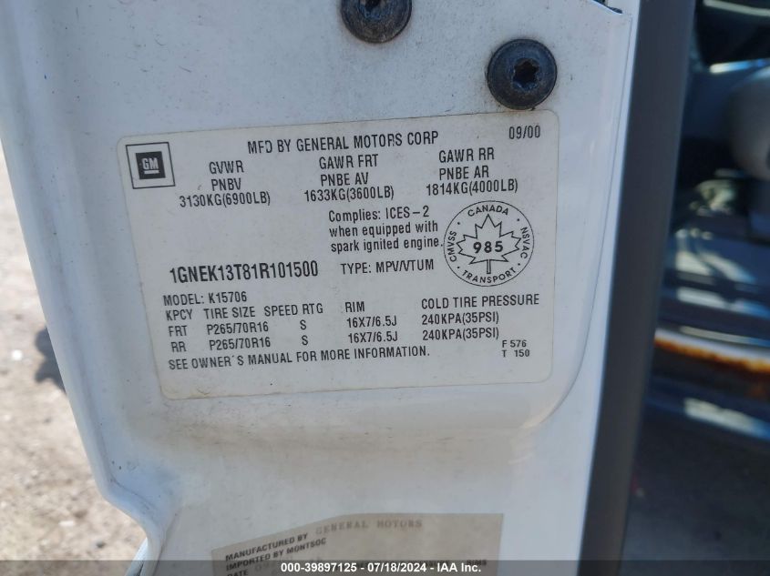2001 Chevrolet Tahoe Ls/Lt VIN: 1GNEK13T81R101500 Lot: 39897125