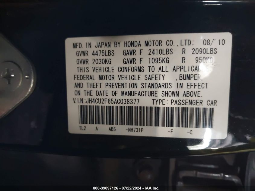 2010 Acura Tsx 2.4 VIN: JH4CU2F65AC038377 Lot: 39897126