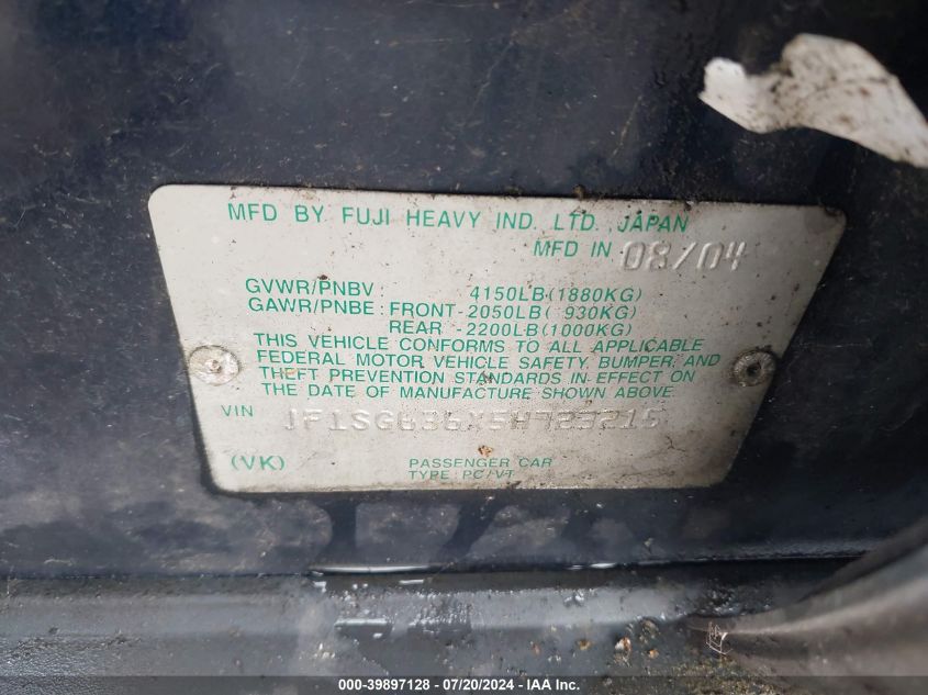 2005 Subaru Forester 2.5X VIN: JF1SG636X5H723215 Lot: 39897128