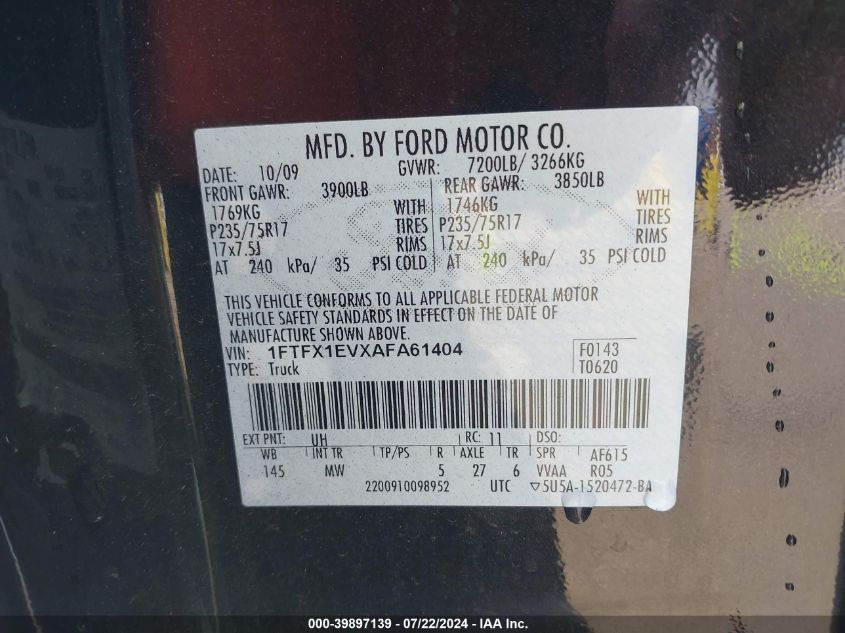 2010 Ford F-150 Fx4/Lariat/Xl/Xlt VIN: 1FTFX1EVXAFA61404 Lot: 39897139