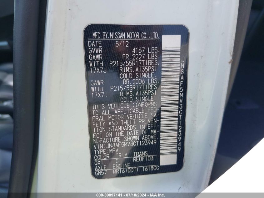 2012 Nissan Juke Sl VIN: JN8AF5MV3CT123949 Lot: 39897141