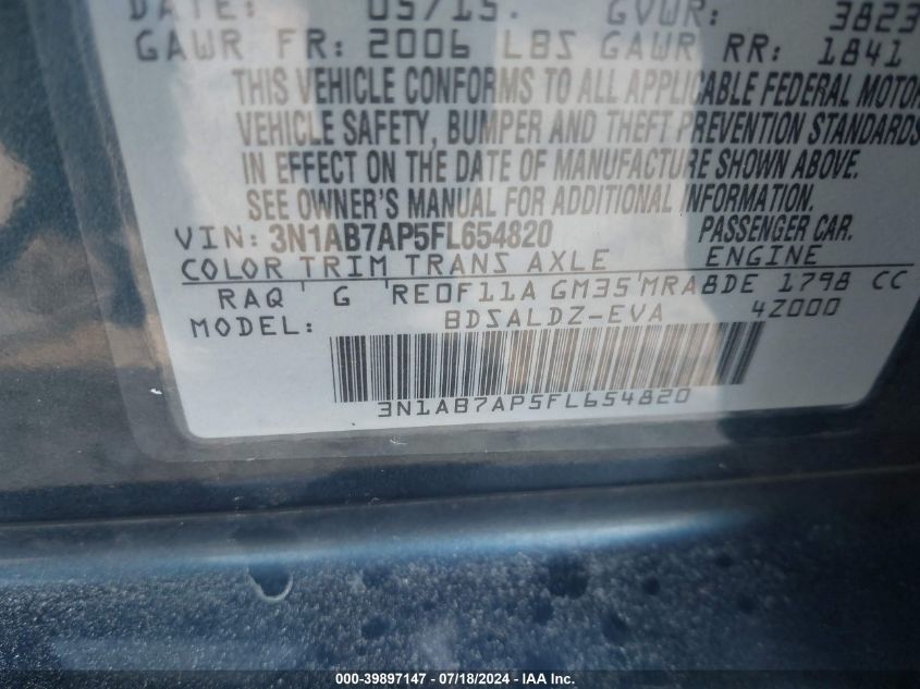 2015 Nissan Sentra S/Sv/Sr/Sl VIN: 3N1AB7AP5FL654820 Lot: 39897147