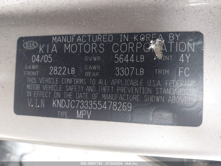 2005 Kia Sorento Ex/Lx VIN: KNDJC733355478269 Lot: 39897193