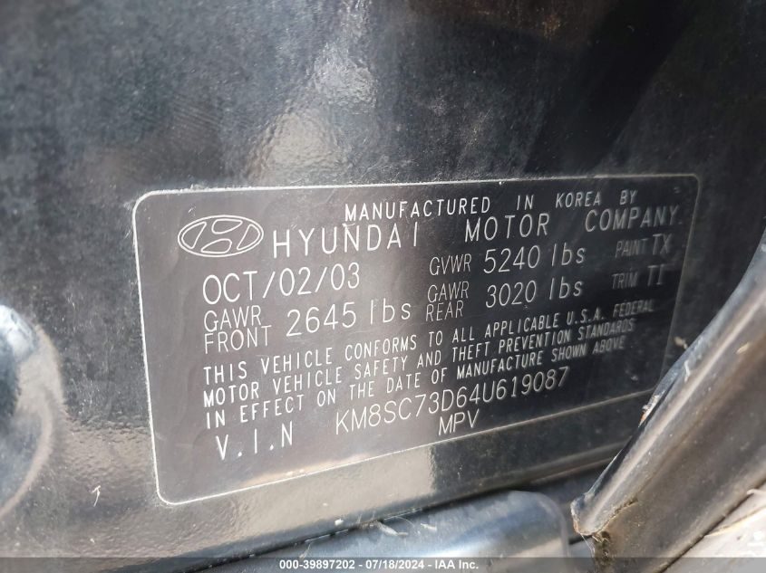 2004 Hyundai Santa Fe Gls VIN: KM8SC73D64U619087 Lot: 39897202