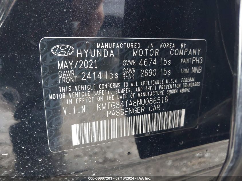 2022 Genesis G70 2.0T Rwd VIN: KMTG34TA8NU086516 Lot: 39897203