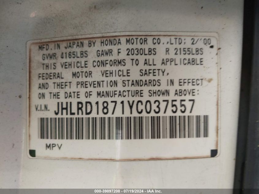 2000 Honda Cr-V Se/Ex VIN: JHLRD1871YC037557 Lot: 39897208