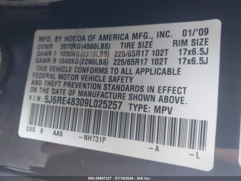 2009 Honda Cr-V Lx VIN: 5J6RE48309L025257 Lot: 39897237