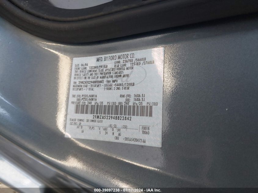 2004 Ford Freestar Sel VIN: 2FMZA52294BB22842 Lot: 39897238