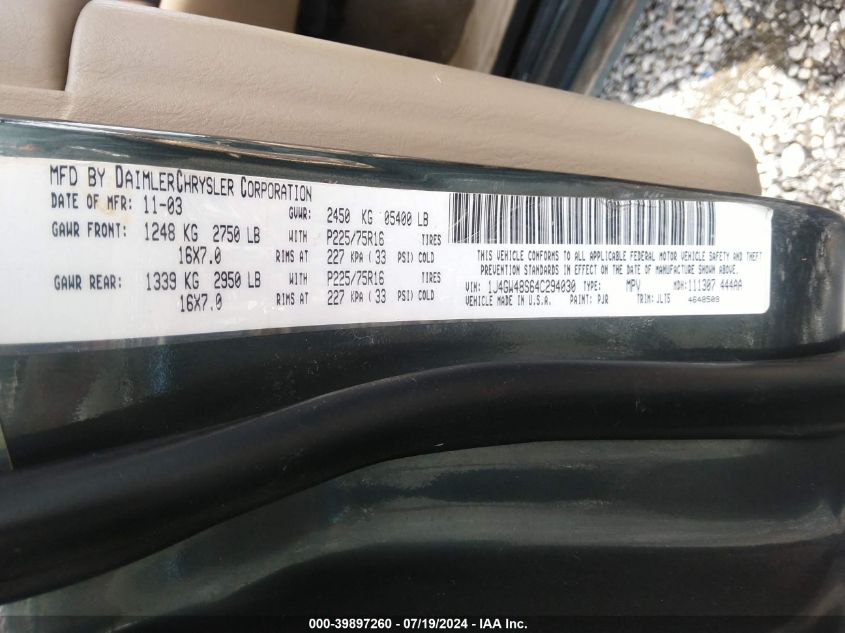 2004 Jeep Grand Cherokee Laredo VIN: 1J4GW48S64C294030 Lot: 39897260