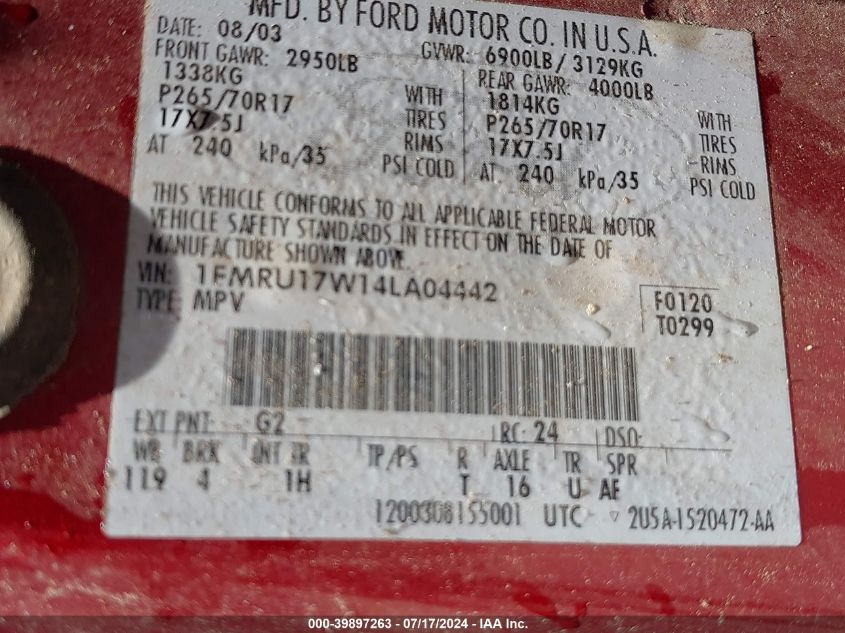 2004 Ford Expedition Eddie Bauer VIN: 1FMRU17W14LA04442 Lot: 39897263