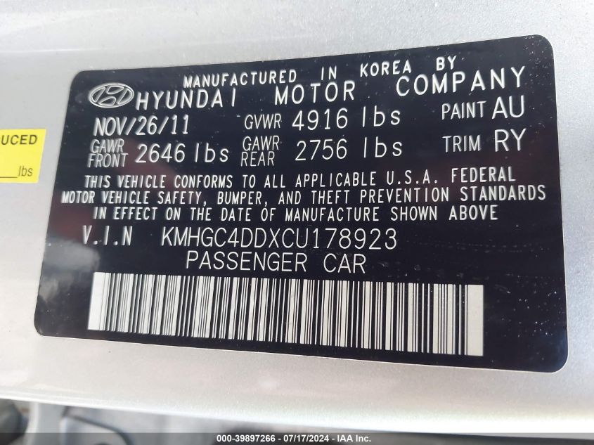 2012 Hyundai Genesis 3.8 VIN: KMHGC4DDXCU178923 Lot: 39897266