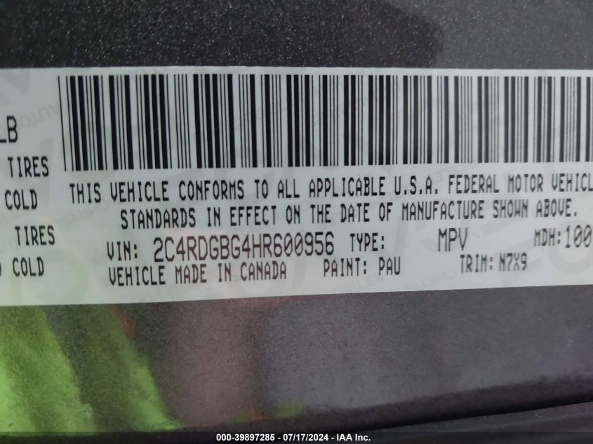 2017 Dodge Grand Caravan Se Plus VIN: 2C4RDGBG4HR600956 Lot: 39897285