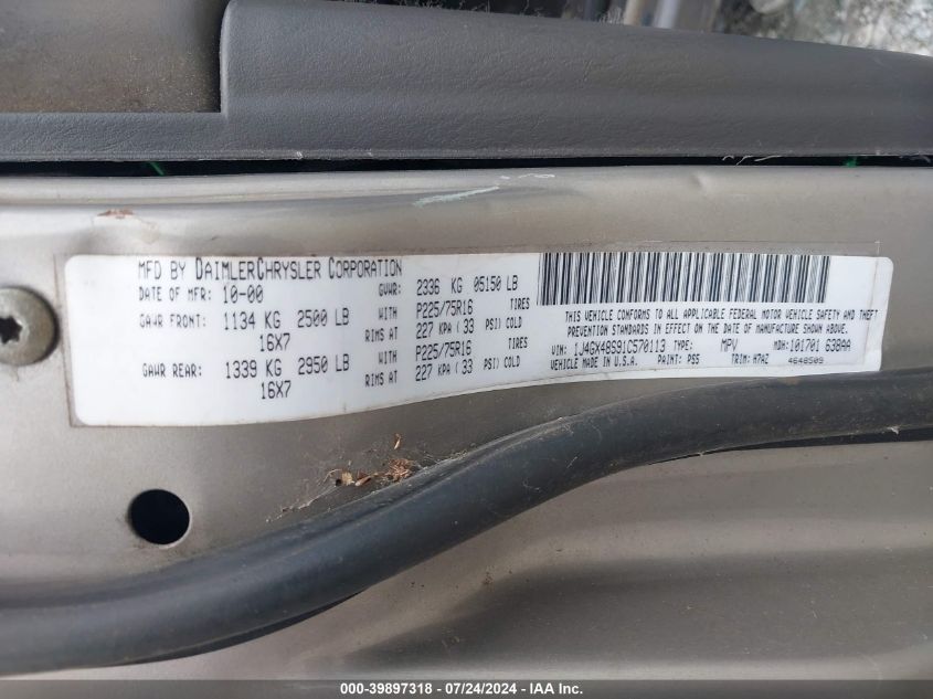 2001 Jeep Grand Cherokee Laredo VIN: 1J4GX48S91C570113 Lot: 39897318