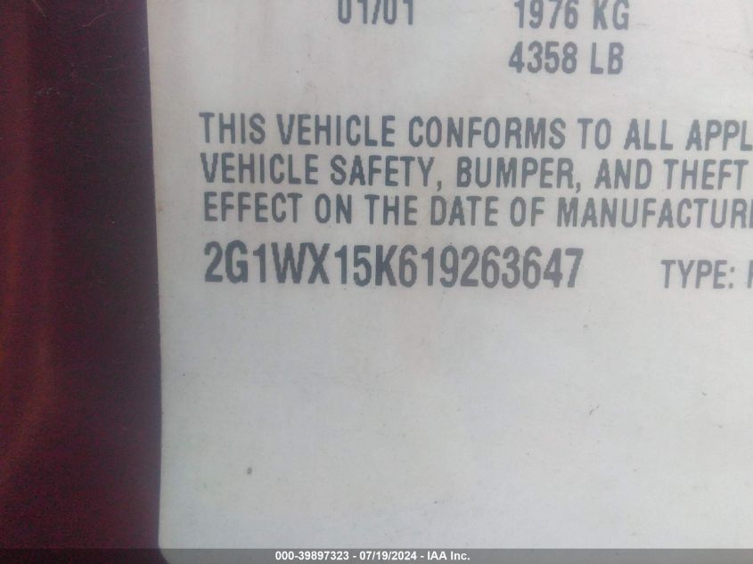 2001 Chevrolet Monte Carlo Ss VIN: 2G1WX15K619263647 Lot: 39897323