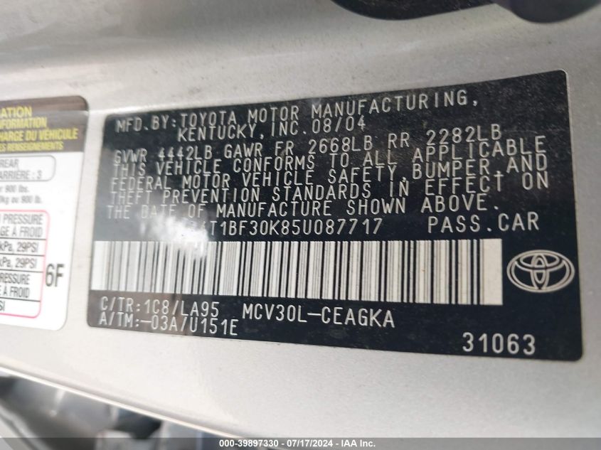 2005 Toyota Camry Xle V6 VIN: 4T1BF30K85U087717 Lot: 39897330